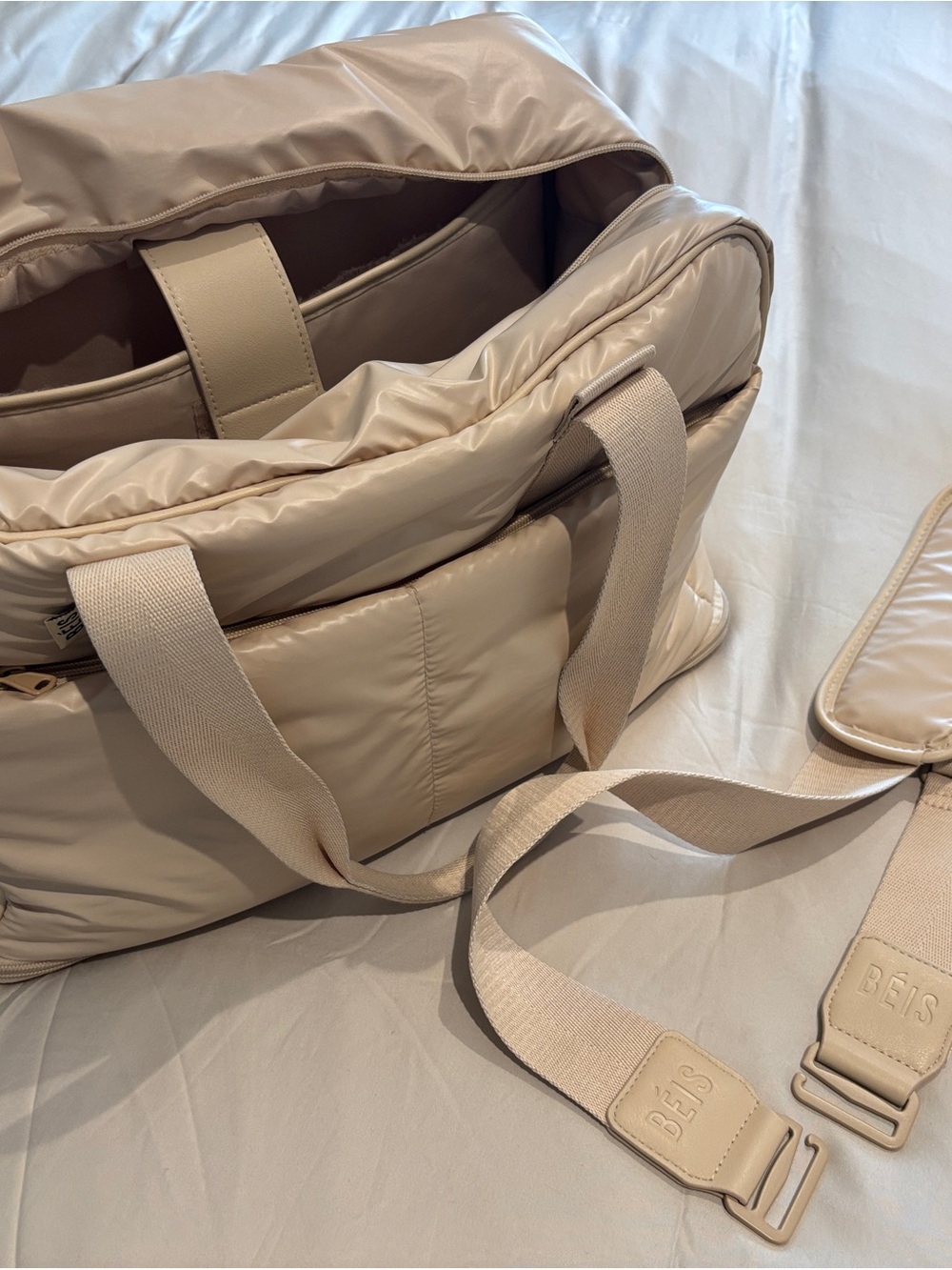 BEIS Beige Puffer Travel Bag with Detachable Strap